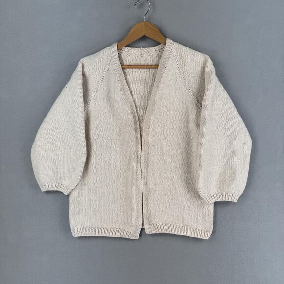 Handmade Sweaters - Handmade Sweater Cardigan Size Small White Open Front Knit Raglan Balloon Sleeve
